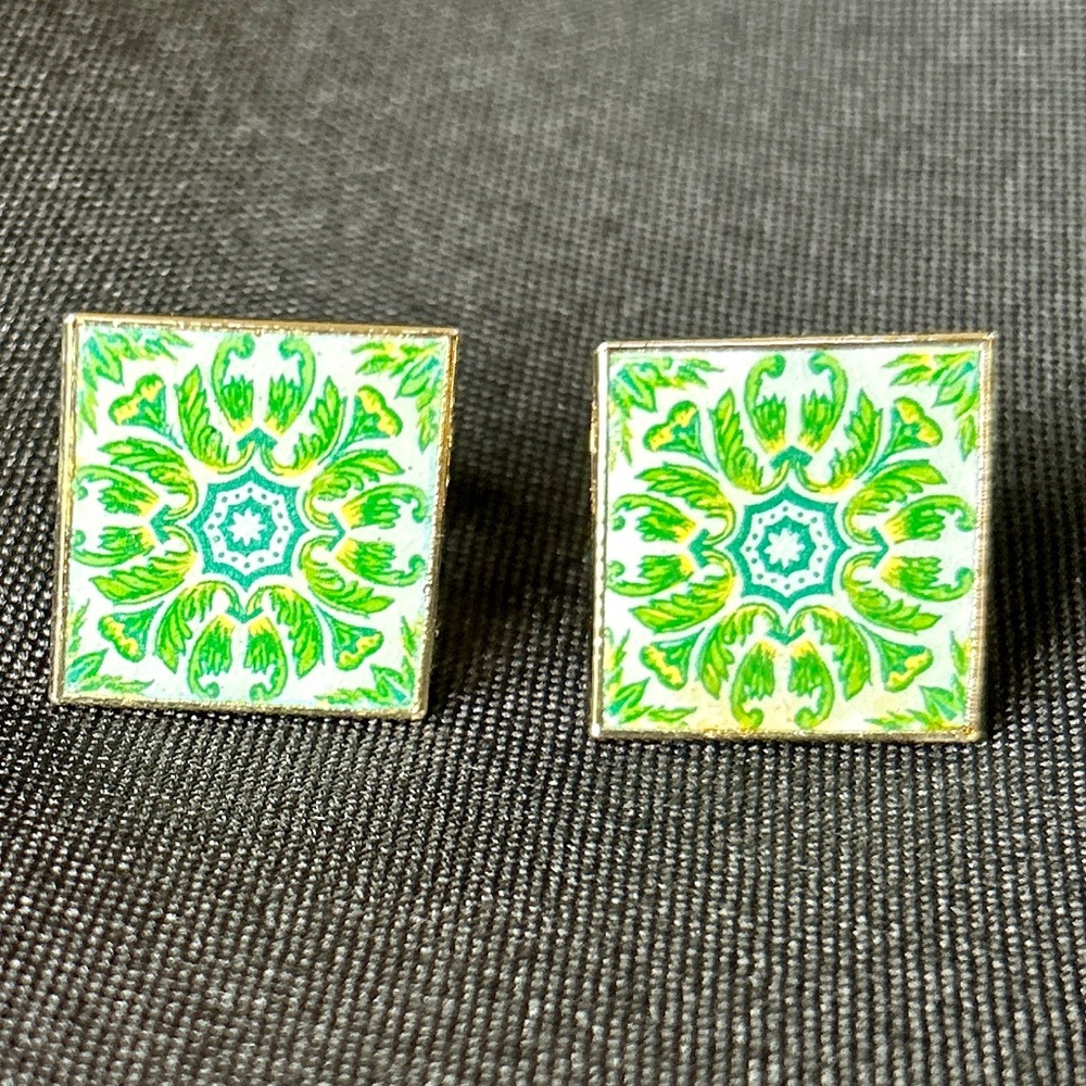 Atrio-Style Green Portuguese Tile Gold Tone Square Cufflinks
